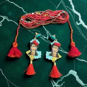 Artisan Frida Kahlo Colorful Beaded Bracelet and Earrings Set from Costa Rica